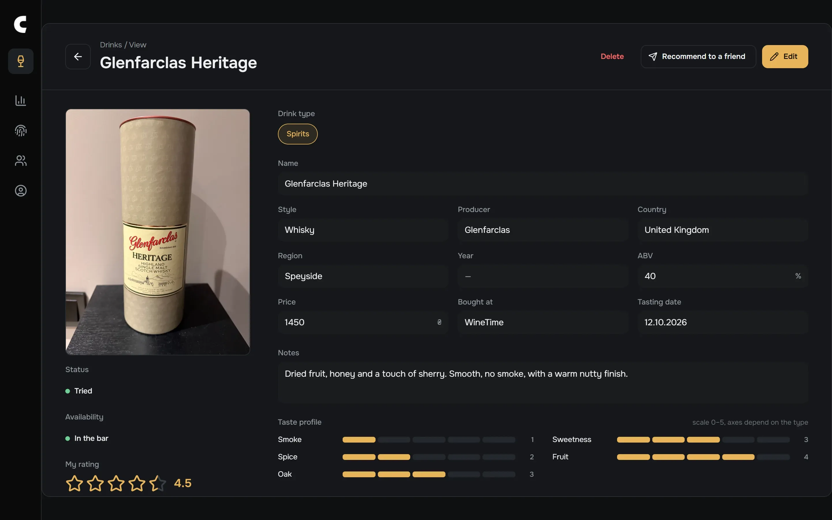The card of Glenfarclas Heritage: style, country, price, notes, rating and taste profile