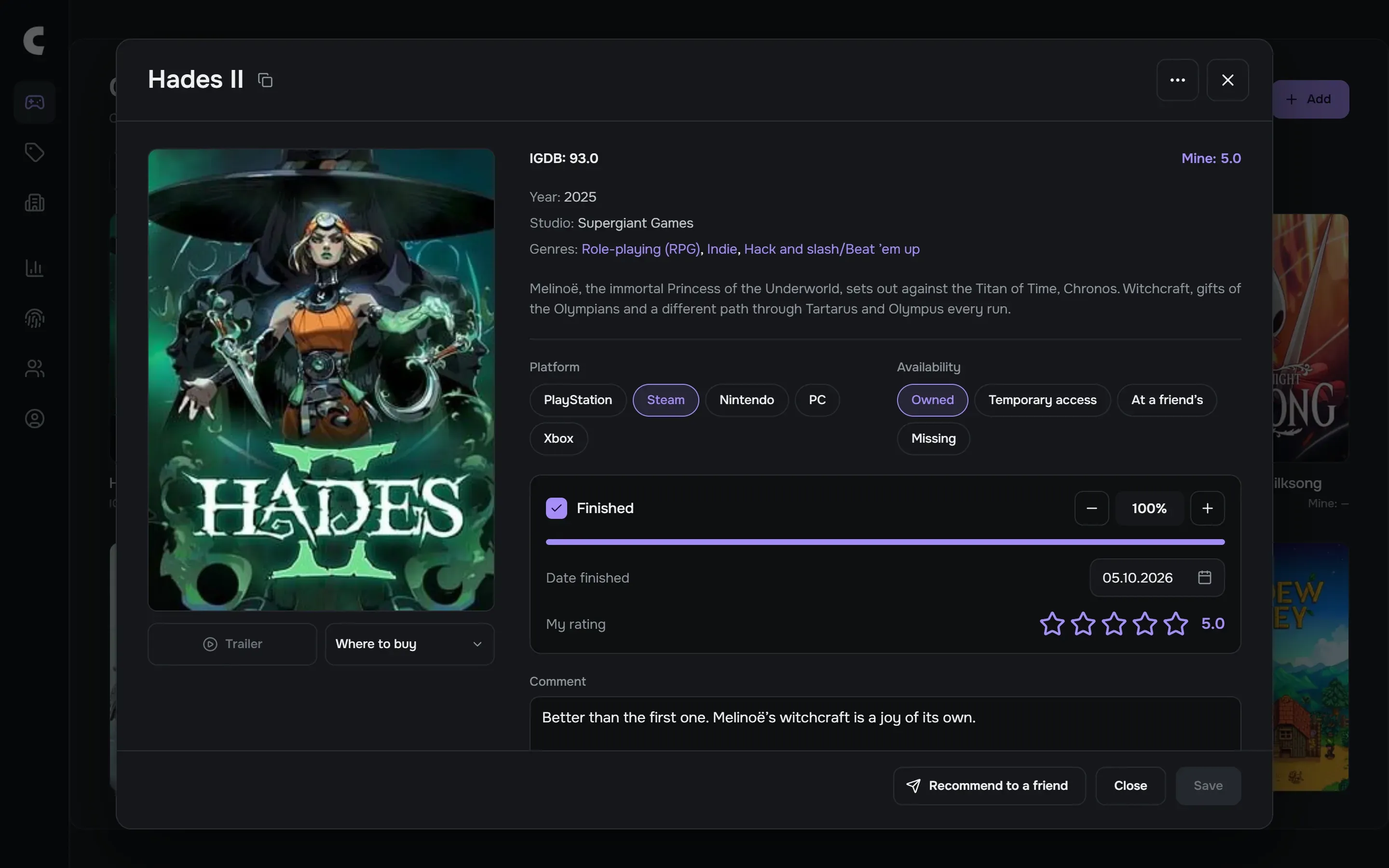 The card of Hades II: platform, availability, completion, rating and comment