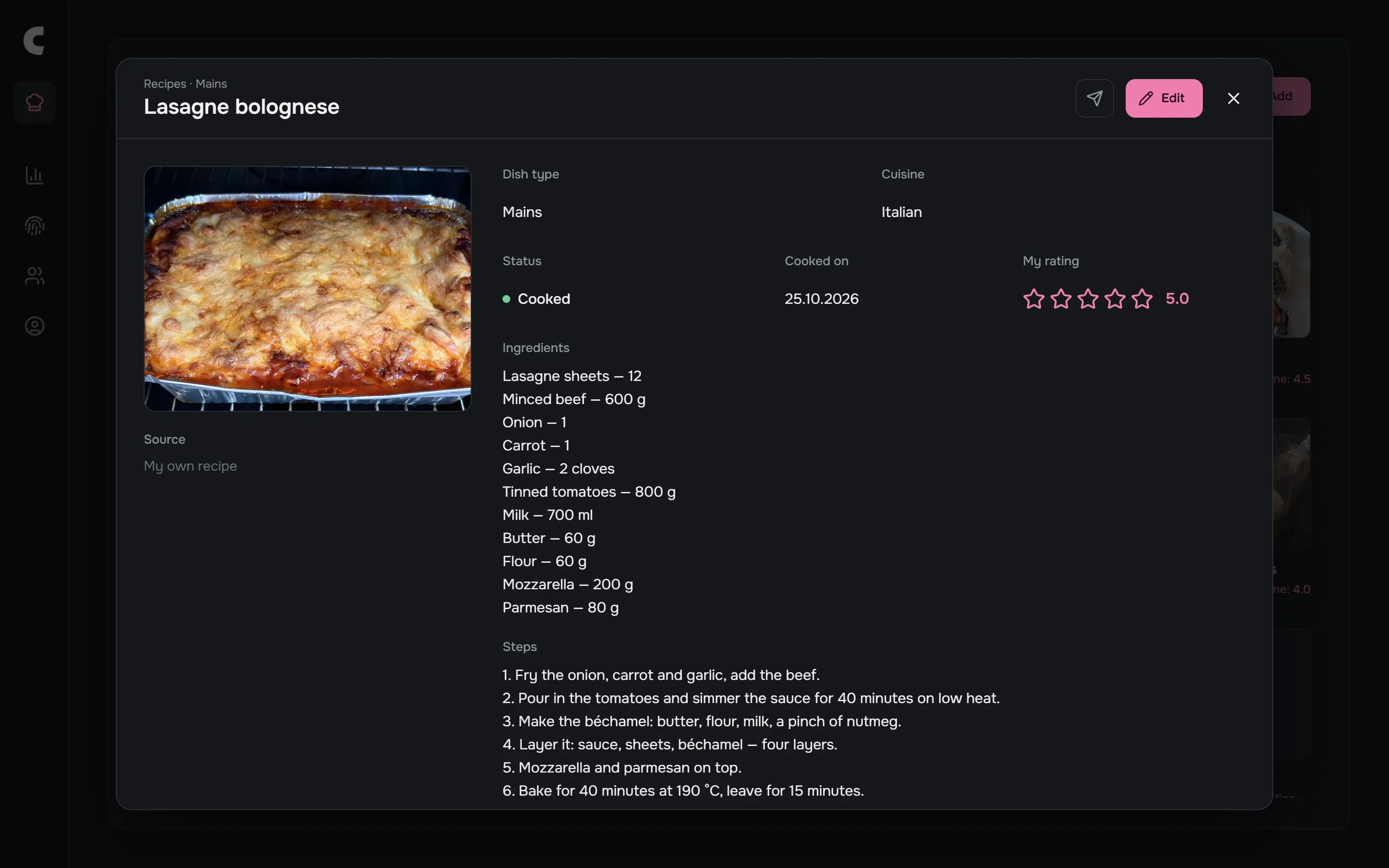The card of “Lasagne bolognese”: the photo of the dish, type, cuisine, rating, ingredients and steps