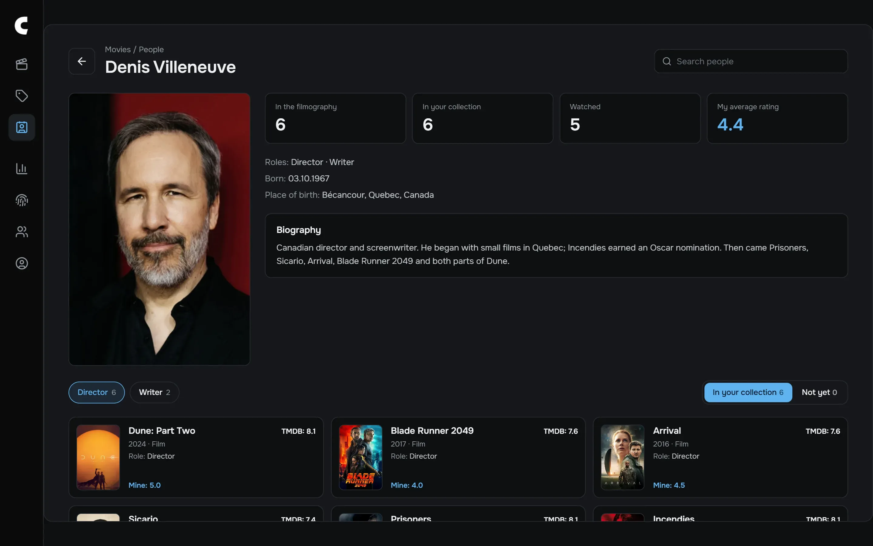 The page of Denis Villeneuve: his filmography, what is in your collection and your average rating