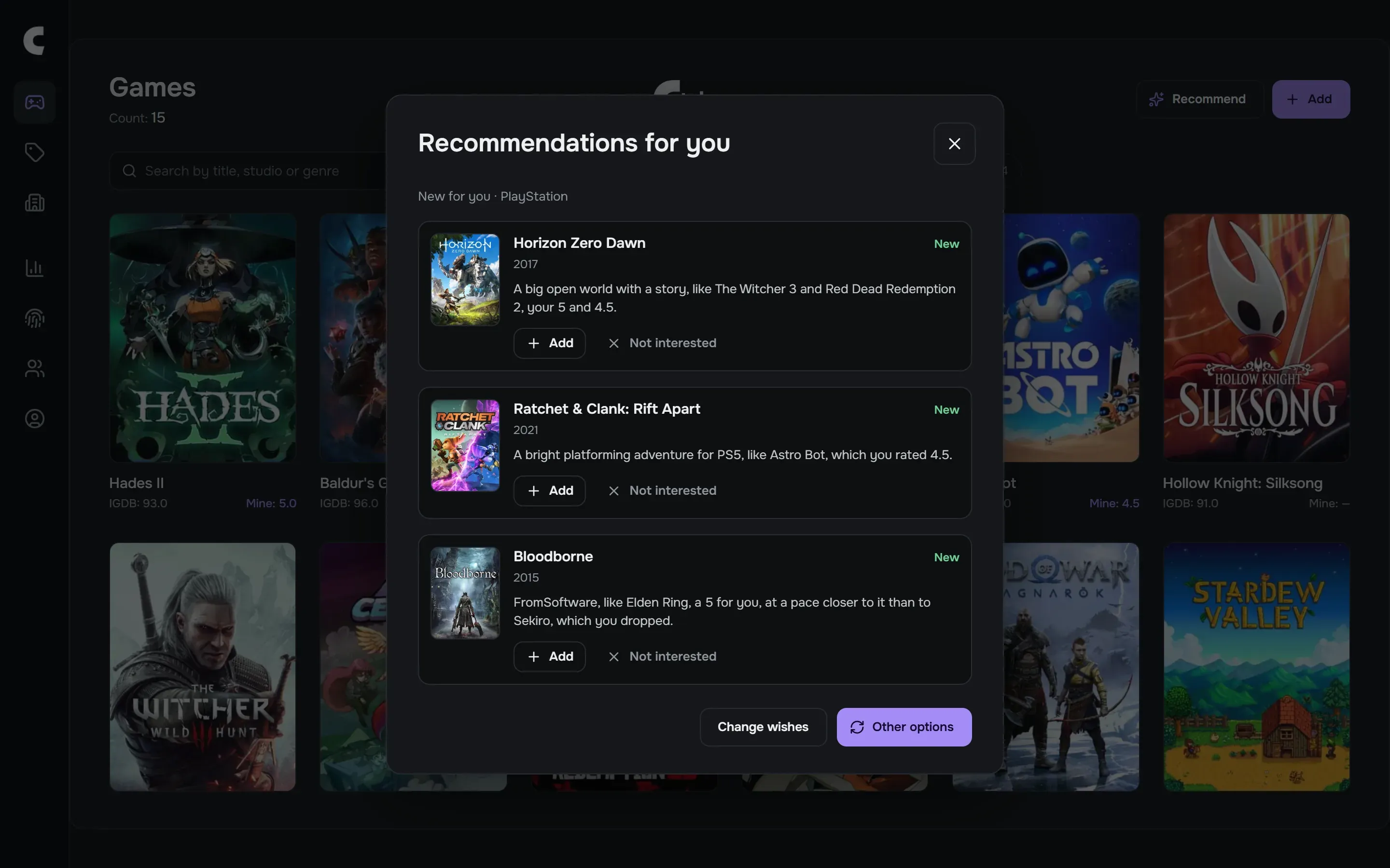 AI recommendations of games